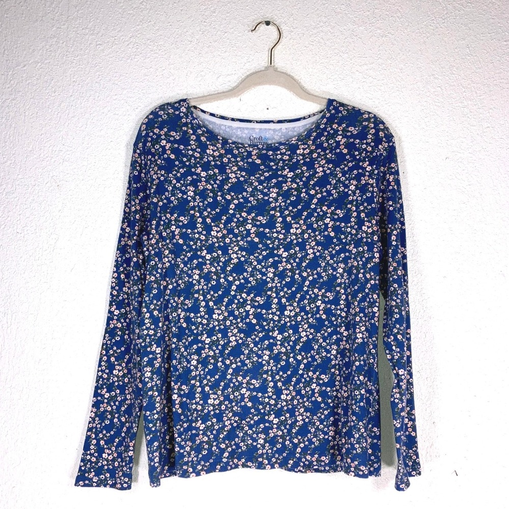 Croft & Barrow Womens Blue Floral Classic Tee Long Sleeve Cotton Shirt Large